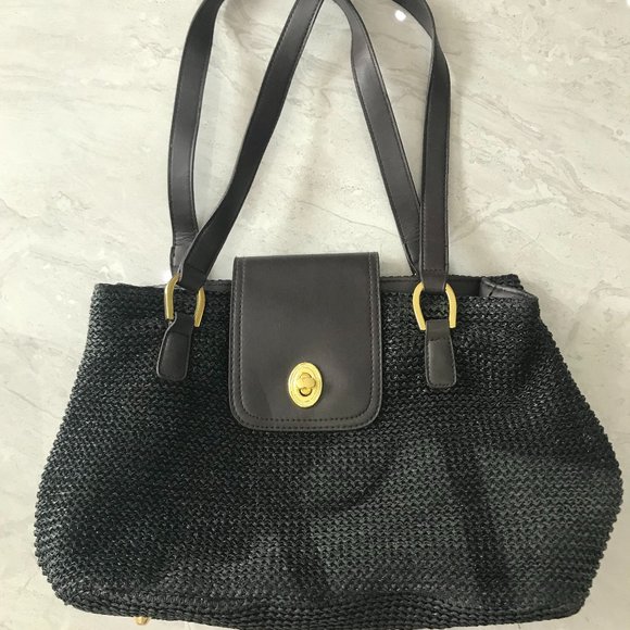 BRAND NEW! Black Straw Women's Shoulder Purse Gold Accents - Picture 1 of 6